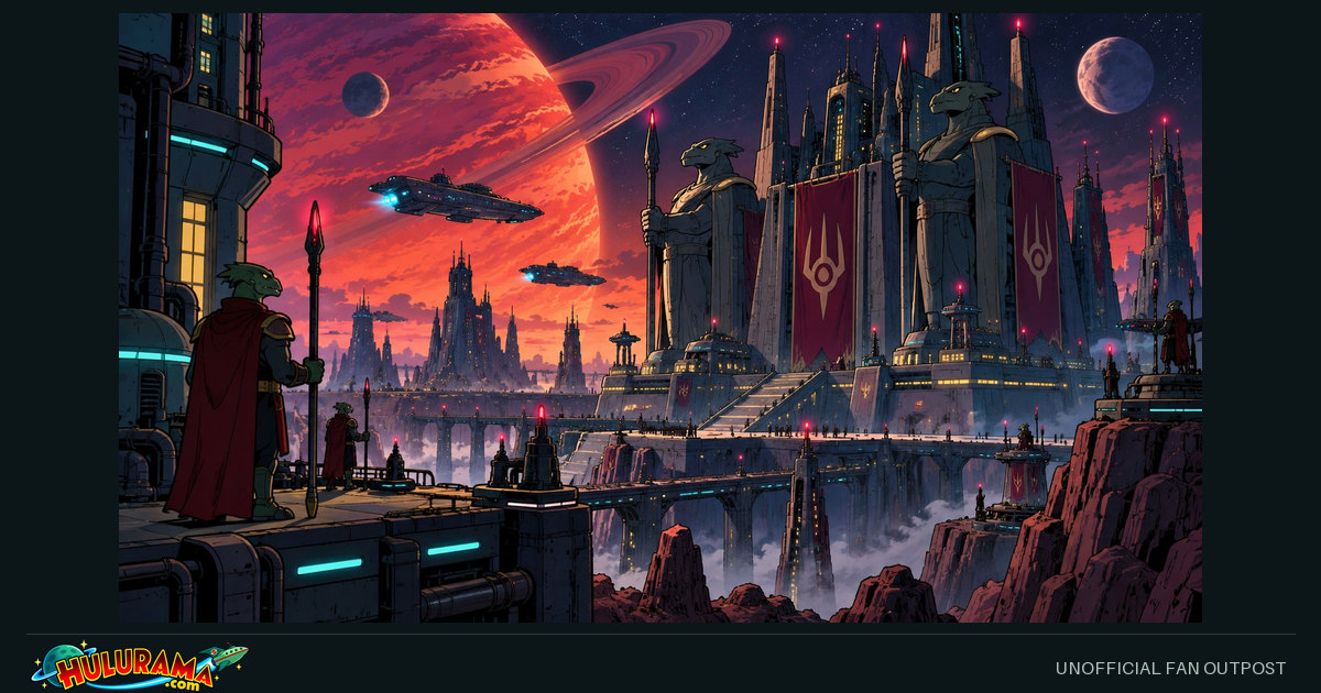 An imposing alien citadel beneath a red planet and a dark sky.