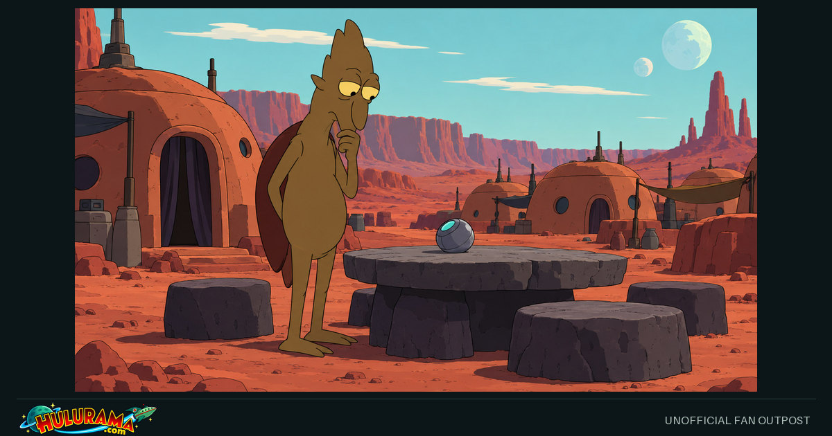 Singing Wind considers a small object on a stone table in a Martian settlement.