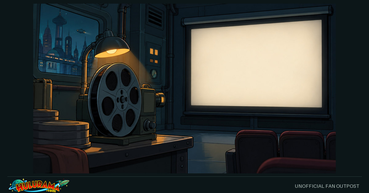 A film reel sits beside a blank projection screen in an empty viewing room.