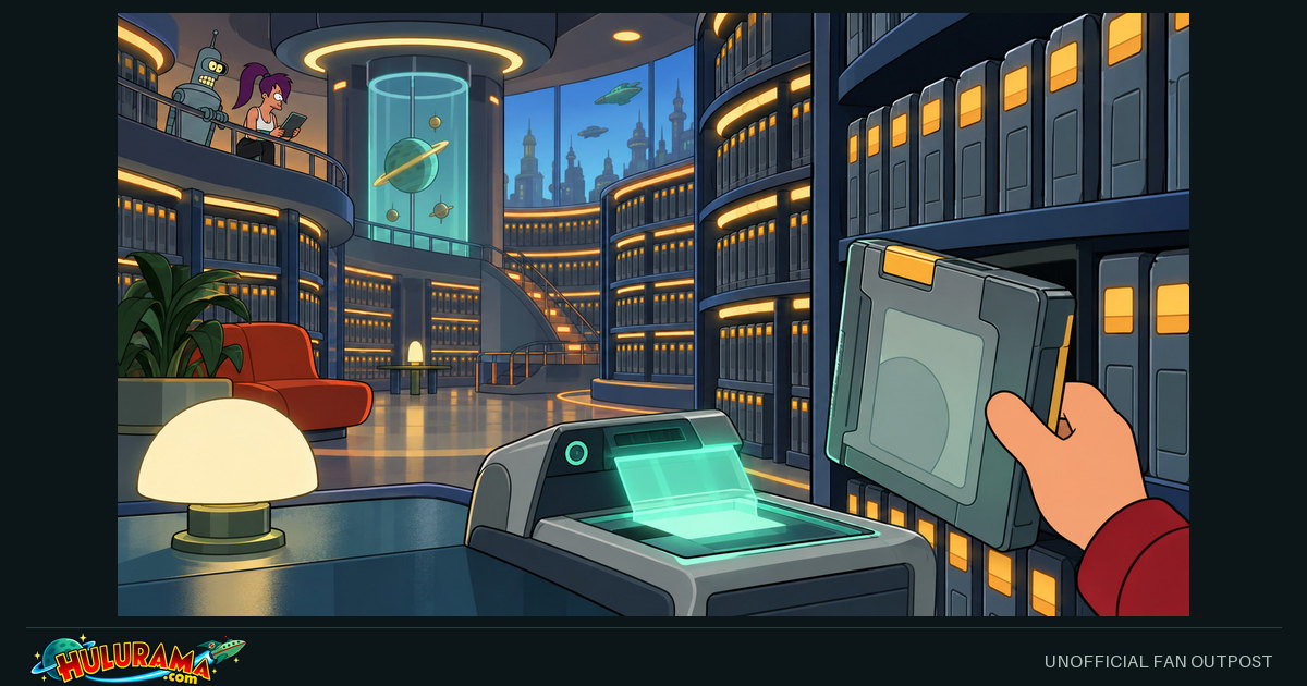 Fry selects an unlettered cartridge from tall futuristic archive shelves.