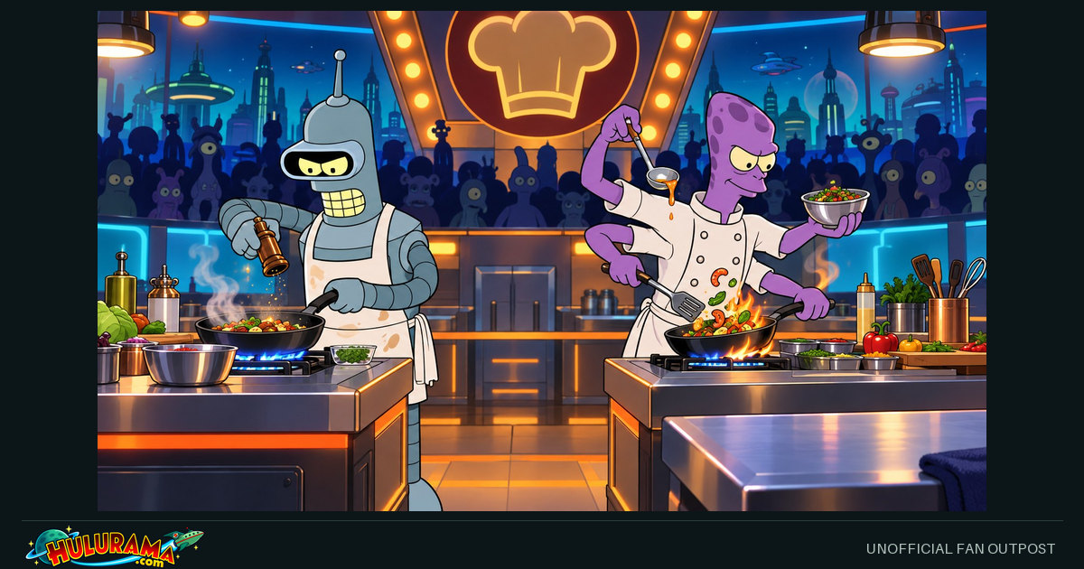 Bender and four-armed Elzar cook at separate competition stations.