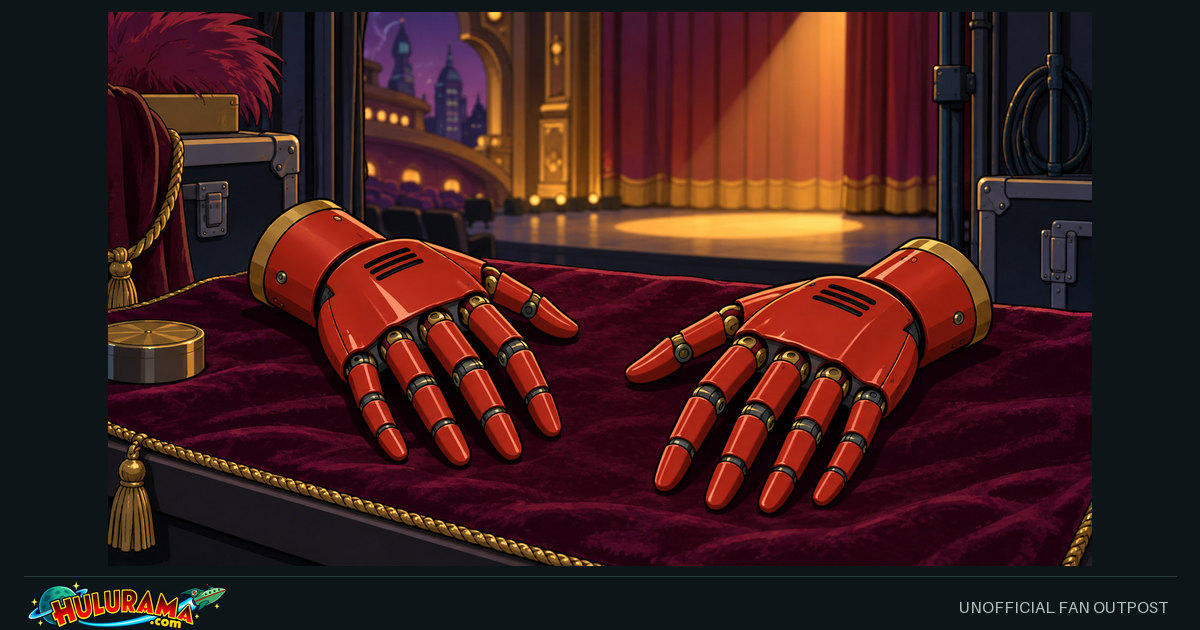 Two red mechanical hands rest on a velvet-lined display backstage beside a closed curtain.