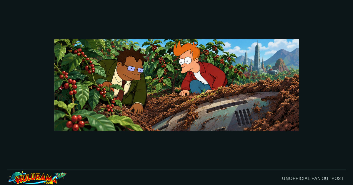 Hermes and Fry kneel beside exposed metal among coffee plants.
