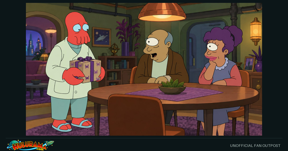 Zoidberg presents a framed picture to an older couple at a restaurant table.
