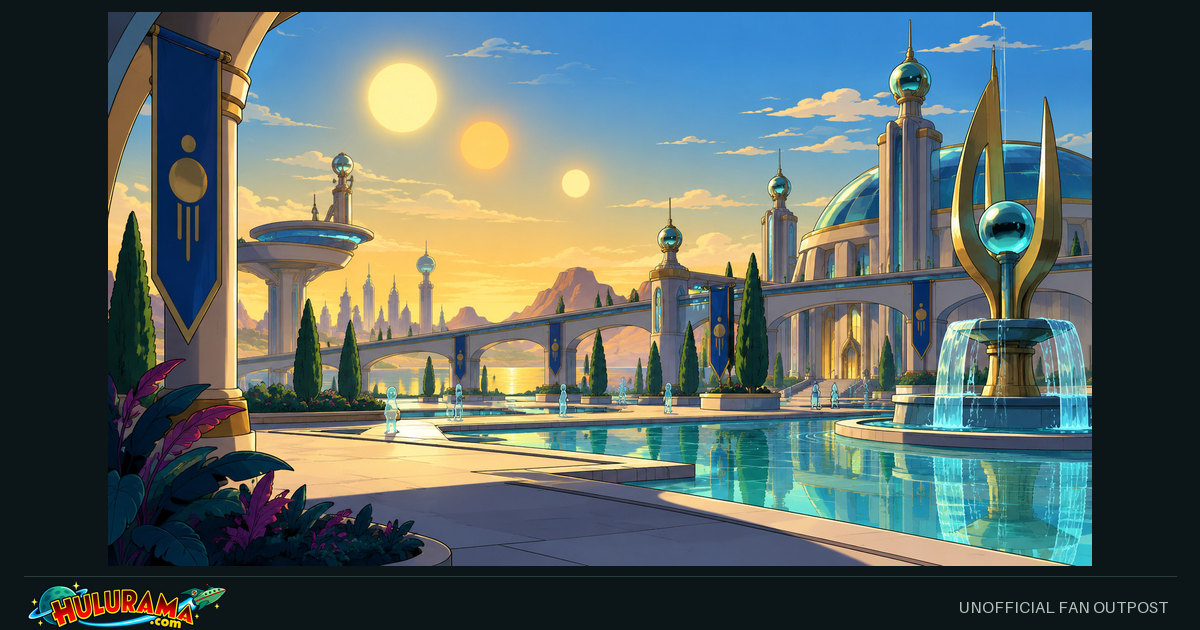 A luminous palace courtyard and reflective pools beneath three suns.