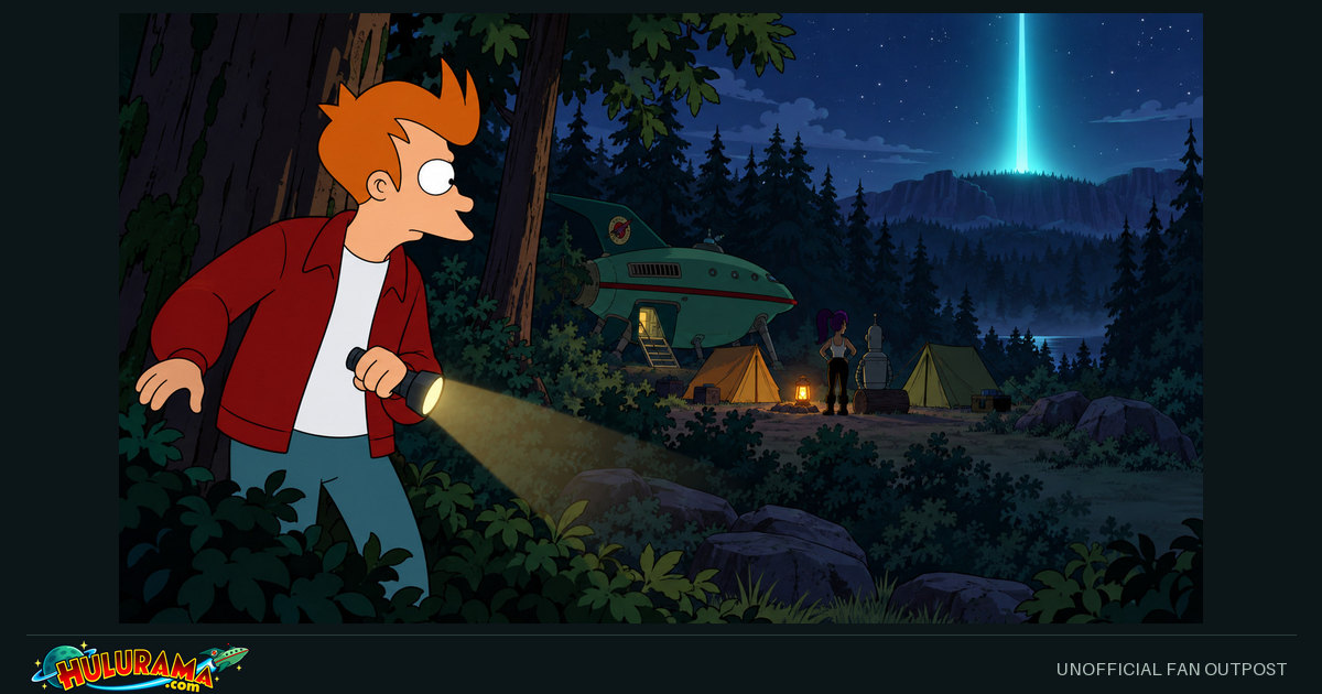 Fry watches a distant blue light above a forest campsite.
