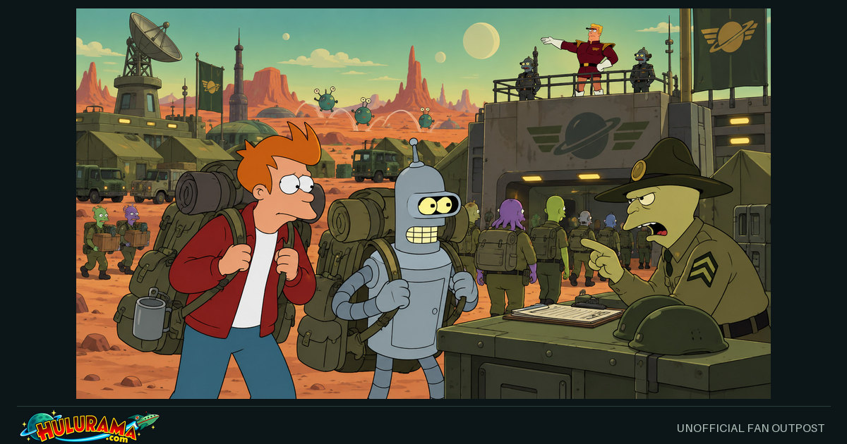 Fry and Bender carry oversized packs through a dusty military outpost.