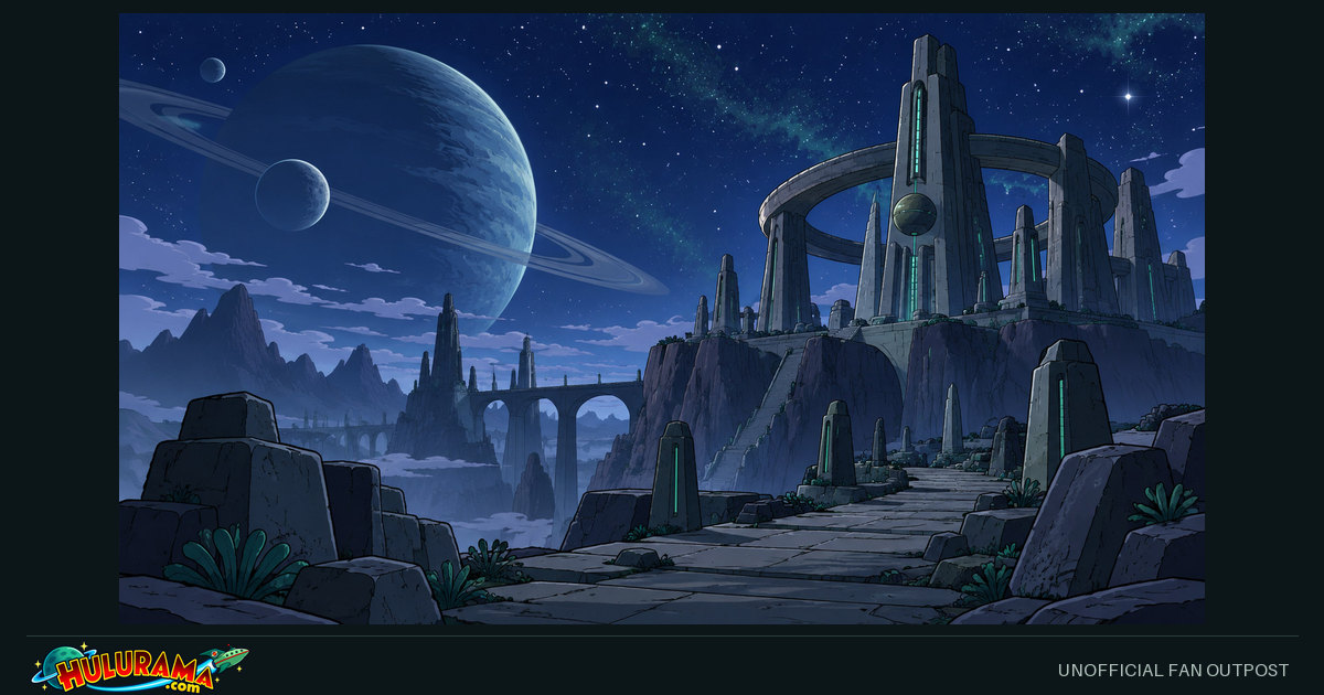 Ancient geometric structures rise over a rocky landscape beneath a star-filled sky.