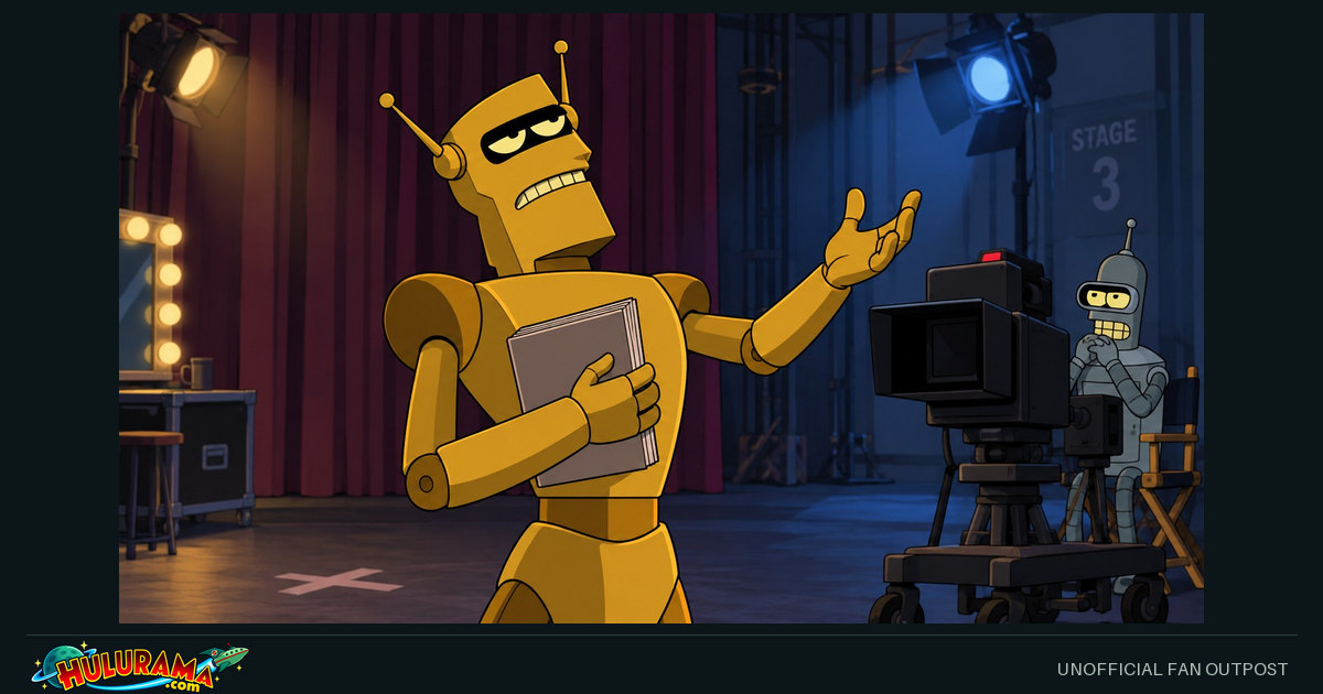 An angular golden actor robot reads a script beside a studio camera.