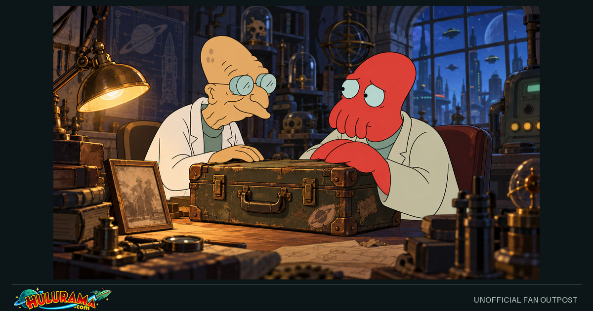 Farnsworth and Zoidberg quietly examine an old closed expedition case.