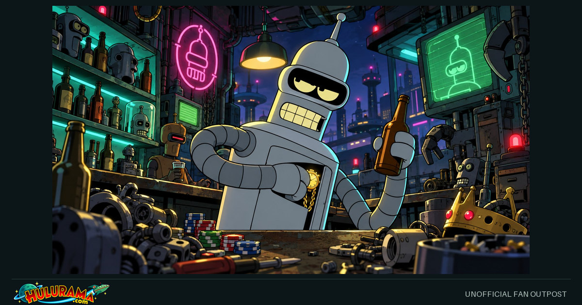 Bender smirks in a neon-lit bar surrounded by bottles and mechanical parts.