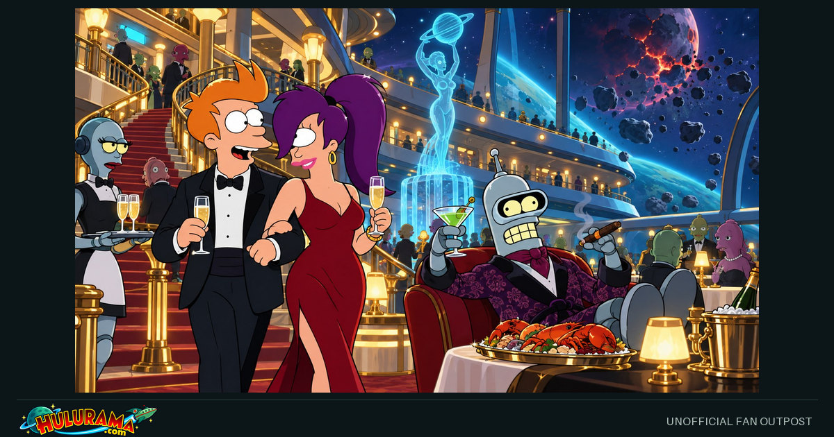 Fry and Leela in formal clothes aboard a luxury space liner, with Bender nearby.