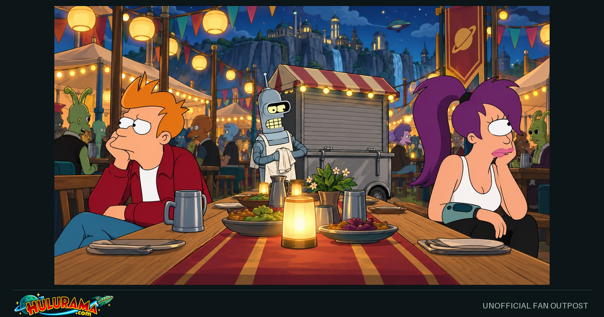 Fry and Leela sit apart at a festive outdoor table.