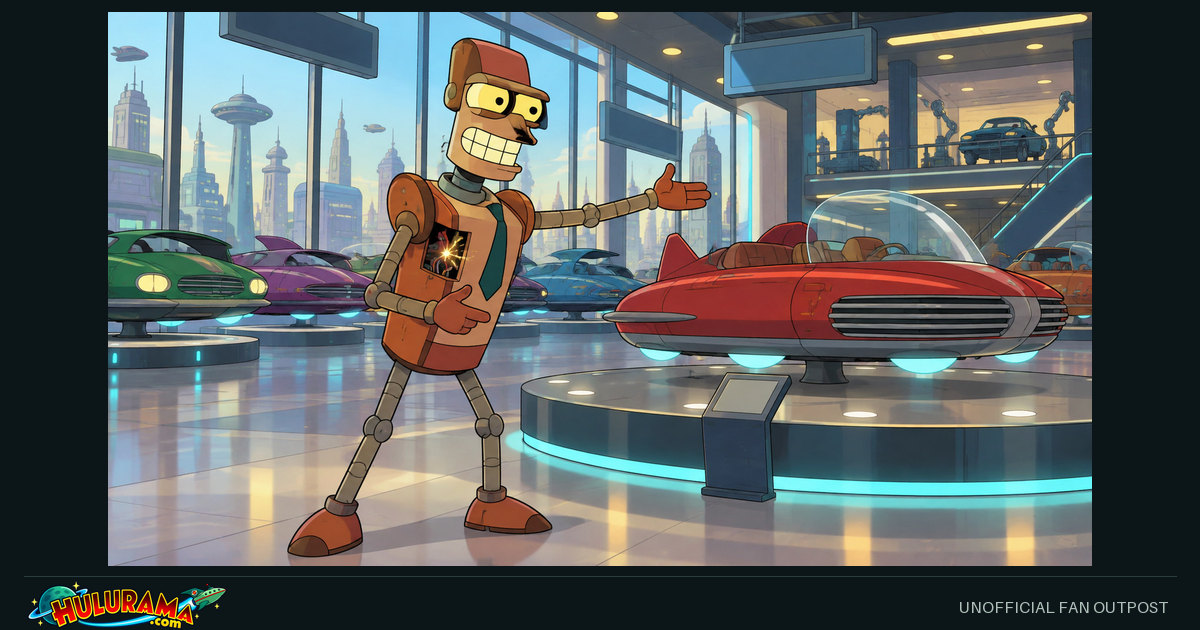 Malfunctioning Eddie gestures toward a red hover-car in a bright showroom.