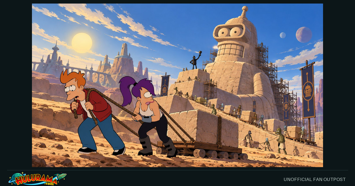 Fry and Leela haul a stone block beneath an enormous monument to Bender.