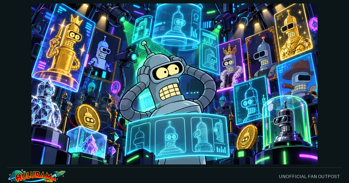 Bender looks uneasy among bright holographic robot collectibles.