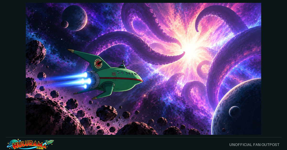 A green delivery ship approaches a luminous tear surrounded by immense tentacles.