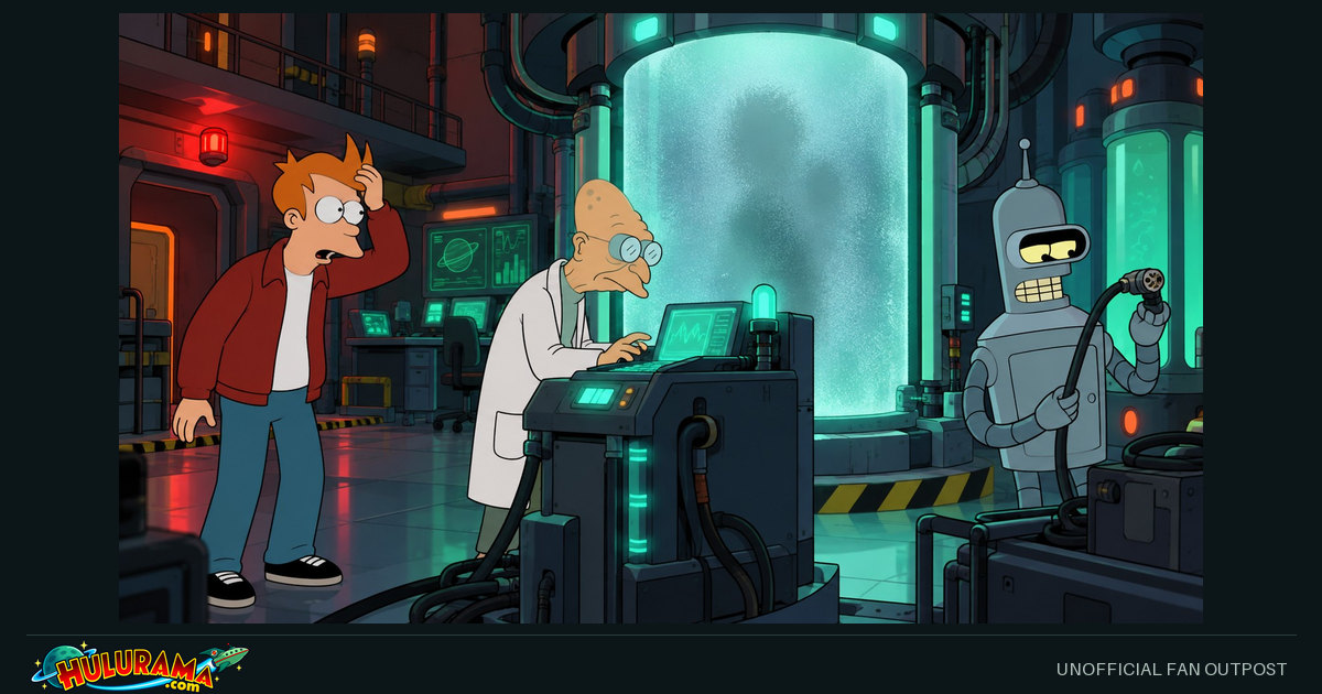 Fry and Professor Farnsworth watch a frosted recovery chamber while Bender handles a cable.
