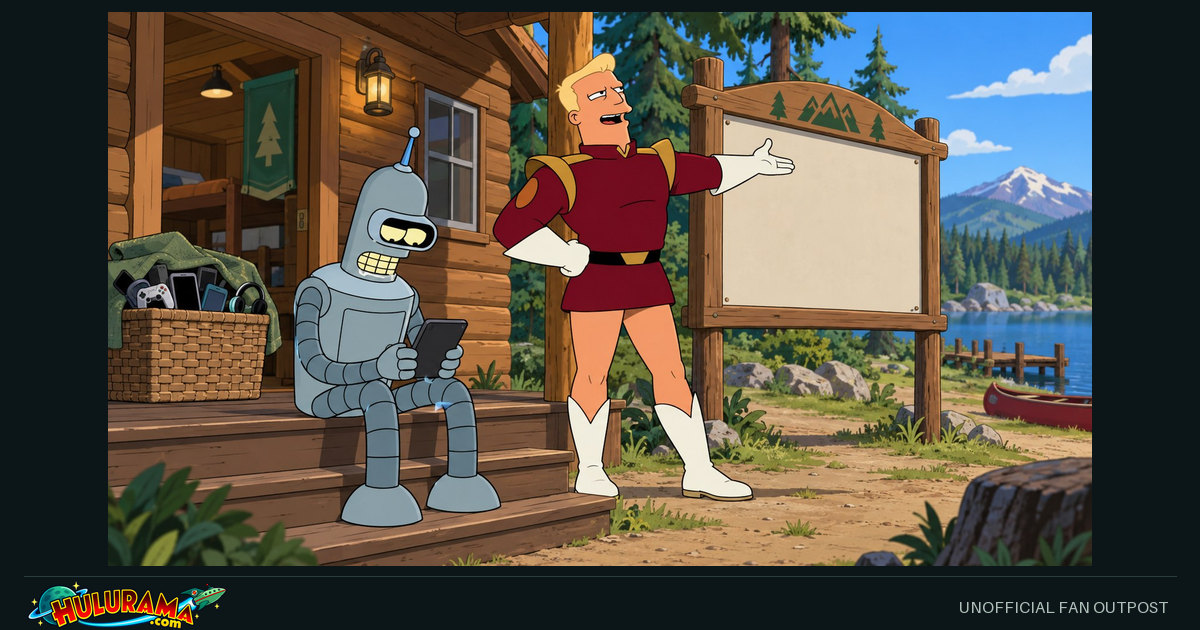Bender studies a tablet as Zapp gestures at a blank board beside a lakeside cabin.