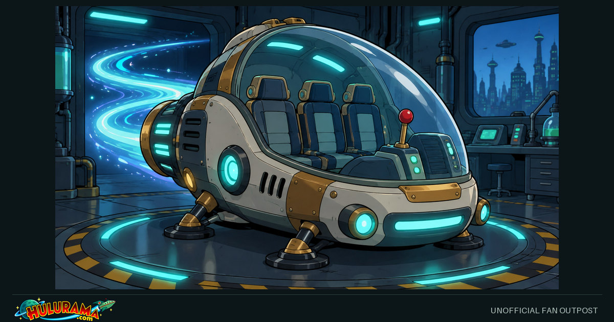 A transparent domed vehicle holds three empty seats and a prominent control lever.