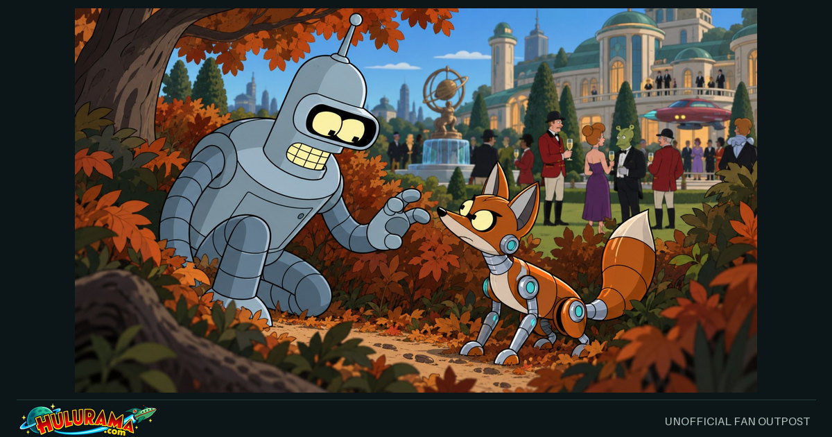 Bender kneels beside a small mechanical fox near a country estate.