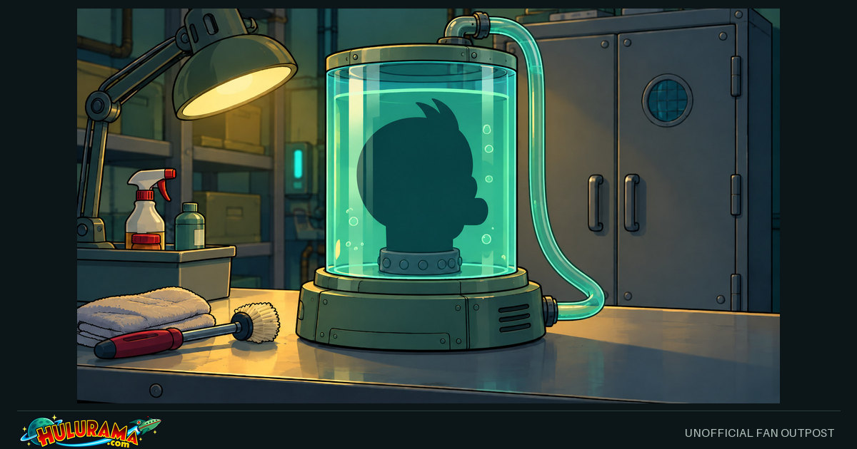 A complete fluid-filled jar with a shadowed cartoon head rests on a museum maintenance bench.