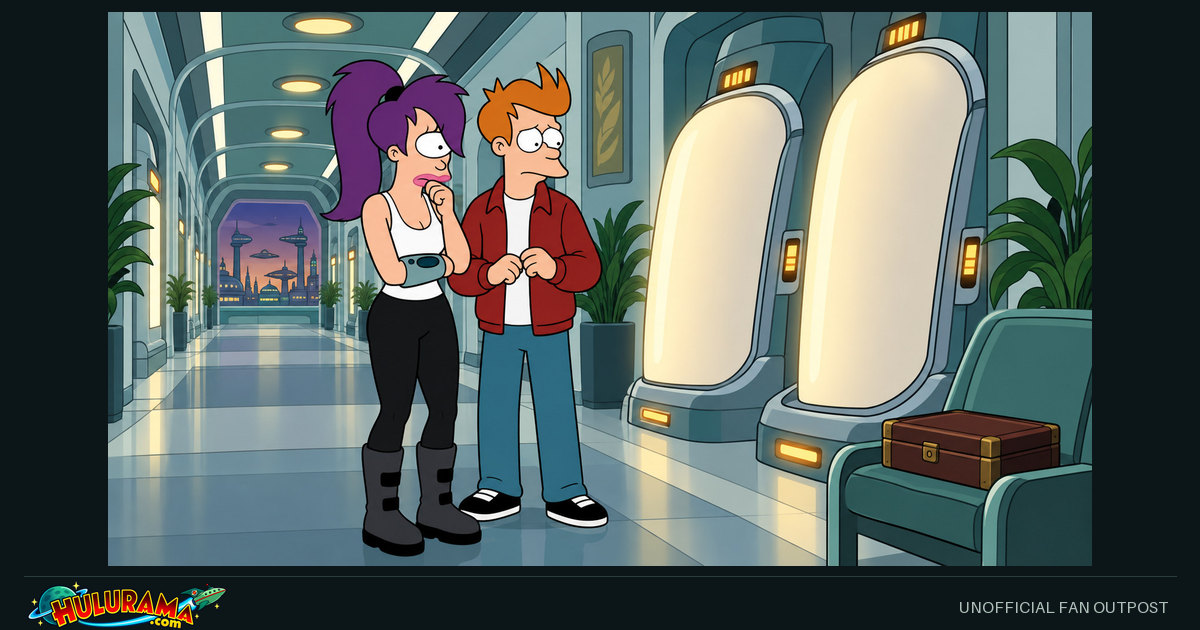 Fry and Leela stand beside empty reclining stations in a quiet corridor.