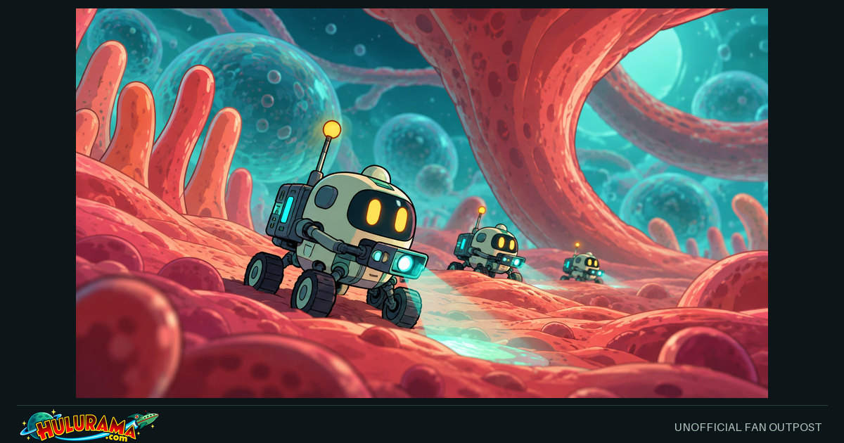 Tiny wheeled robotic explorers travel through enormous curved organic structures.
