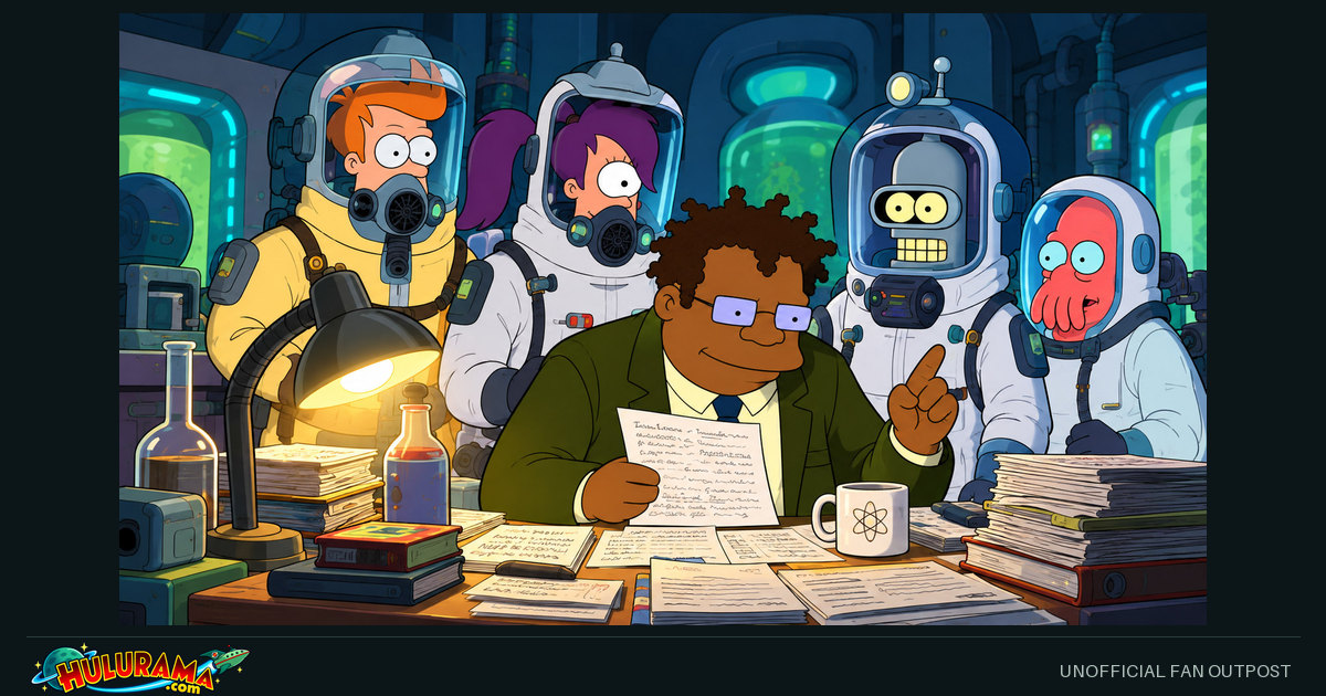 Hermes studies papers at a laboratory desk while the crew waits in protective helmets.