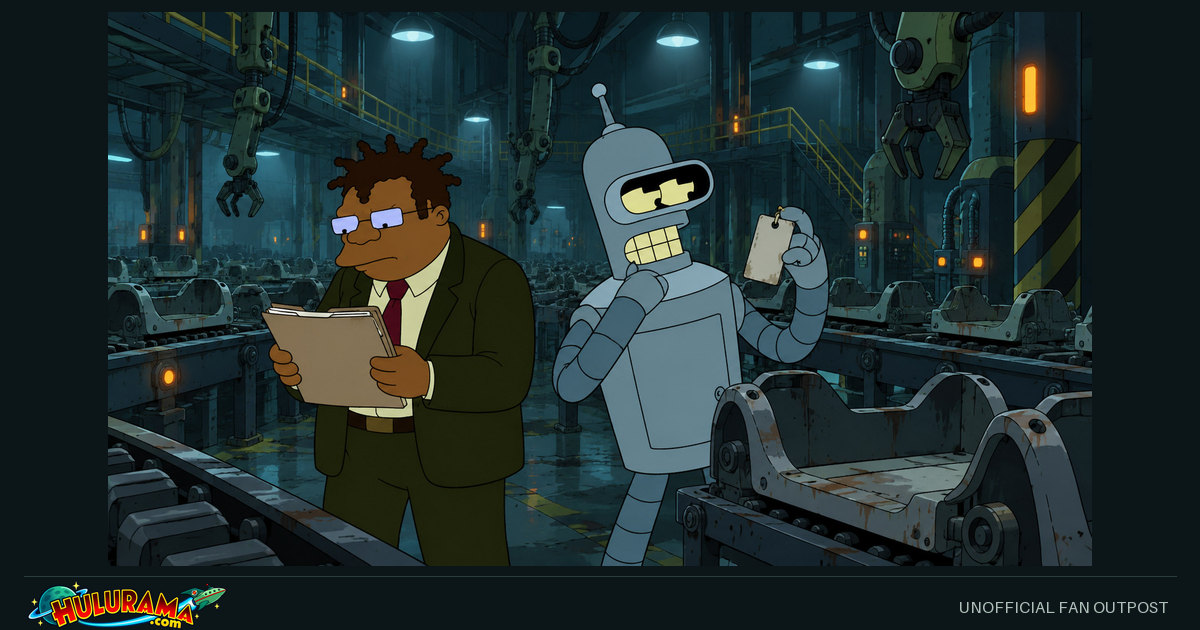 Hermes studies a clipboard while Bender examines a tag in a dim robot factory.
