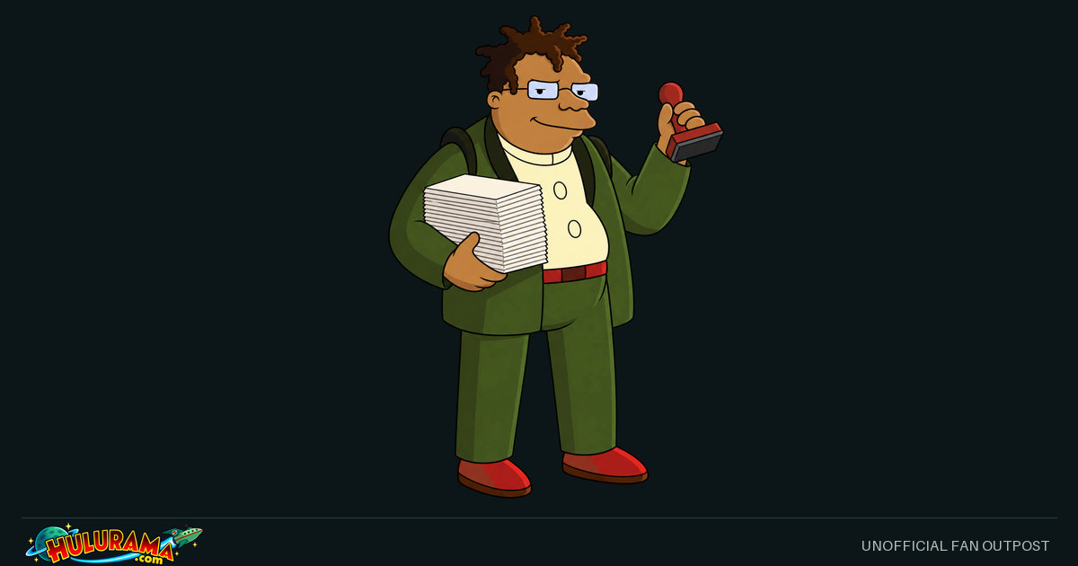 Hermes in a green suit carries neat forms and raises a rubber stamp.