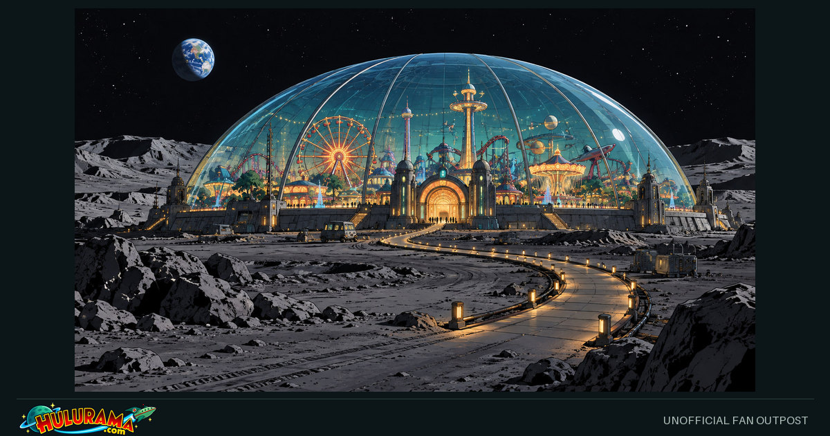 Colorful amusement rides glow beneath a dome on a gray lunar landscape.