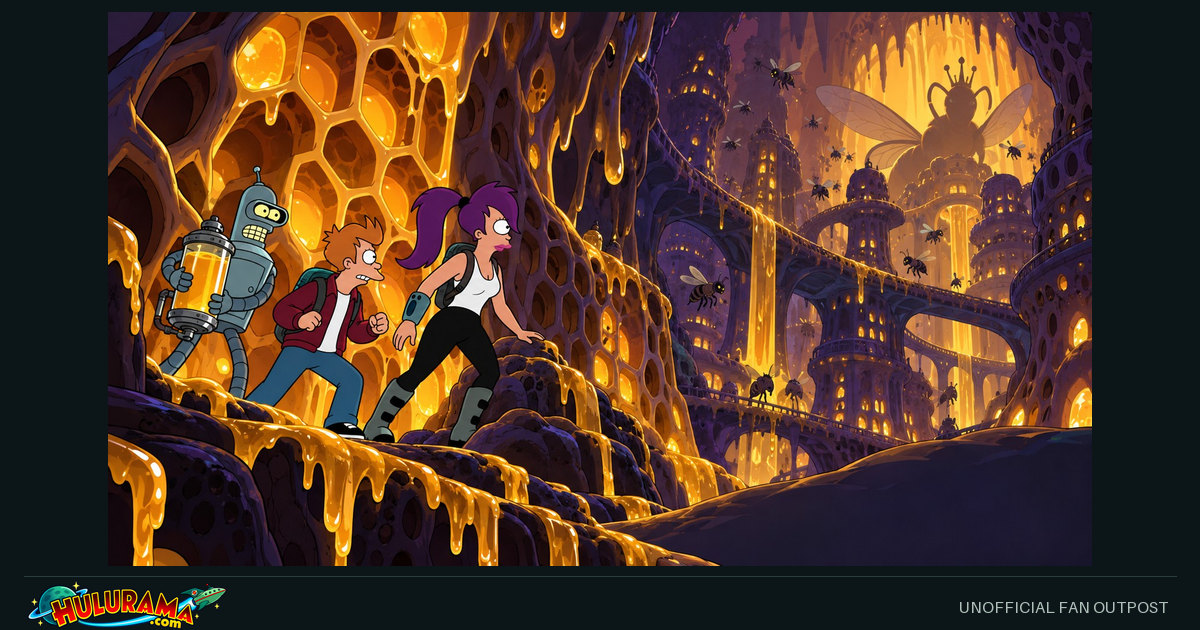Leela leads Fry and Bender through enormous glowing honeycomb passages toward a distant space bee.