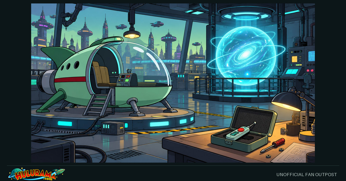 A domed passenger pod, a small button device and a distant luminous sphere occupy separate areas of a lab.