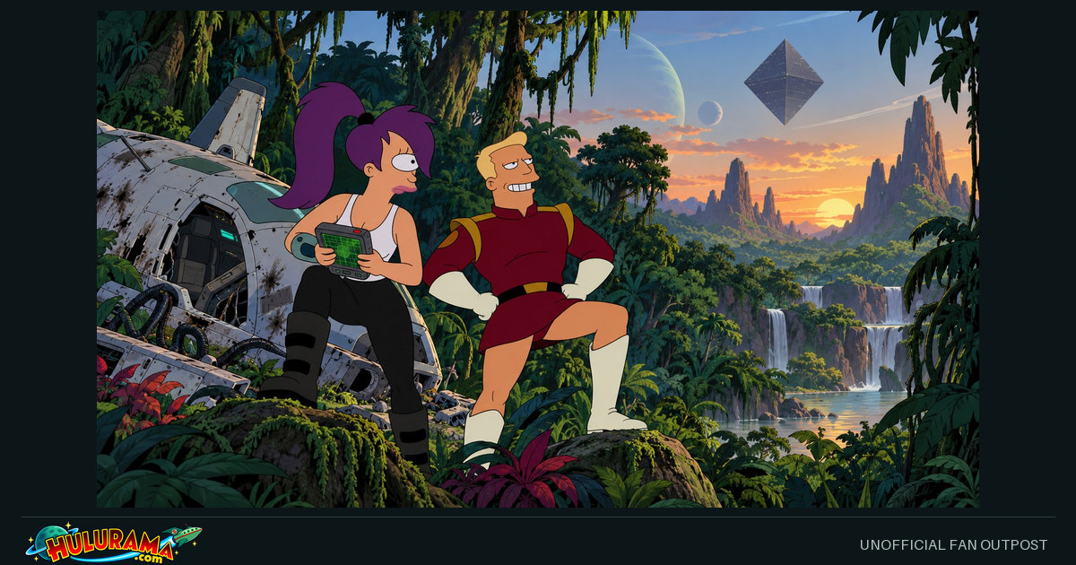 Leela and Zapp rest near a crashed craft beneath a hovering geometric object.