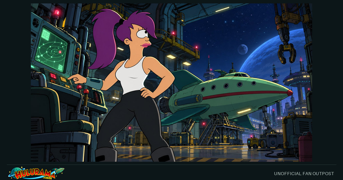 Leela stands at a hangar control console with the green delivery ship behind her.