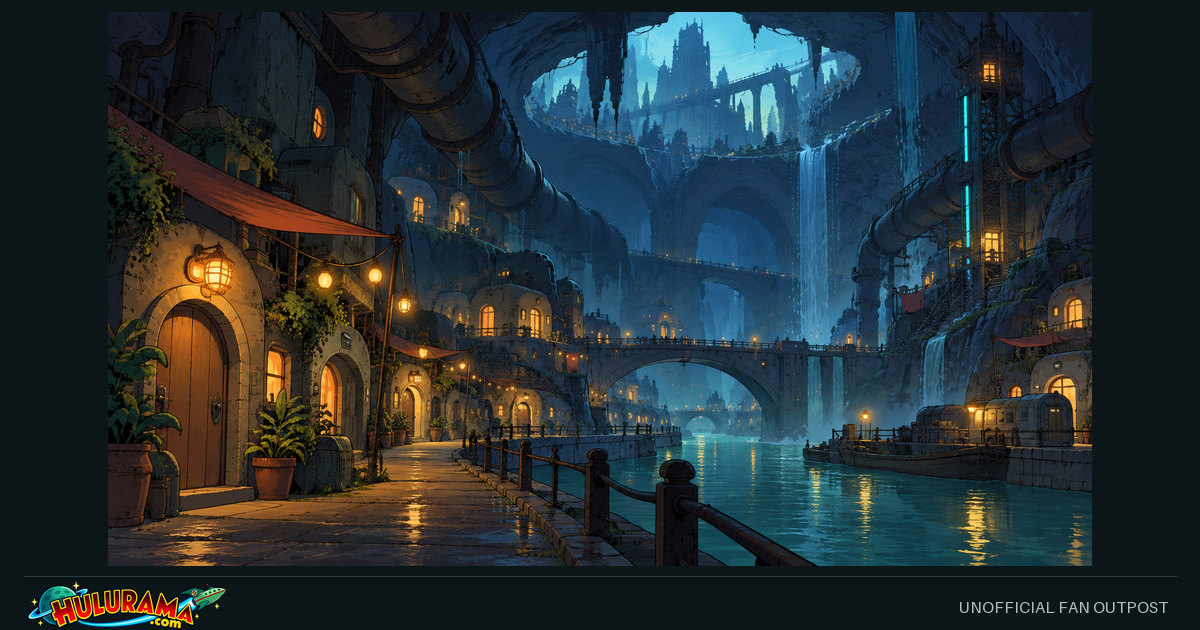 Warm doorways and a canal sit beneath huge pipes in an underground neighborhood.