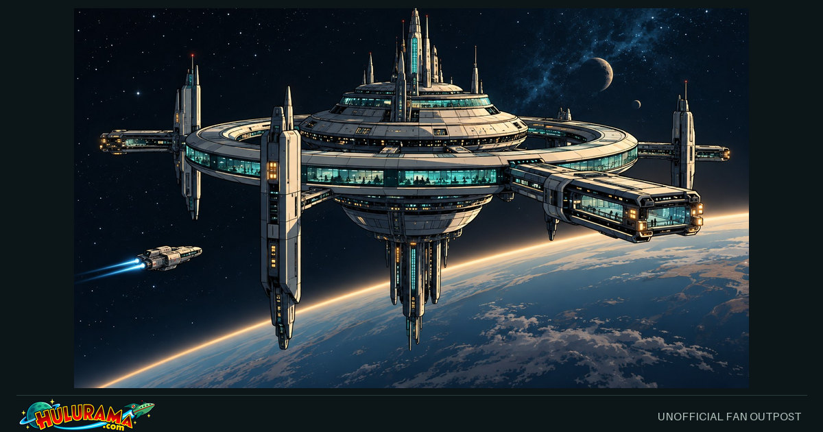 A multi-ring orbital station hangs above a planet as a small spacecraft approaches.