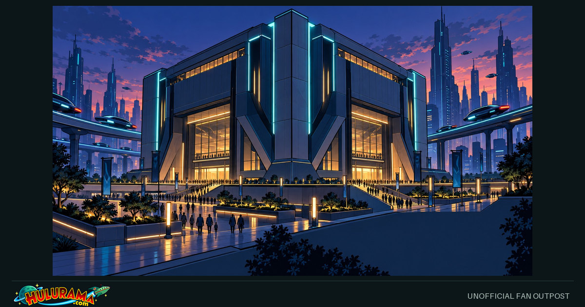 A large cube-shaped venue glows above a plaza of small visitors at dusk.