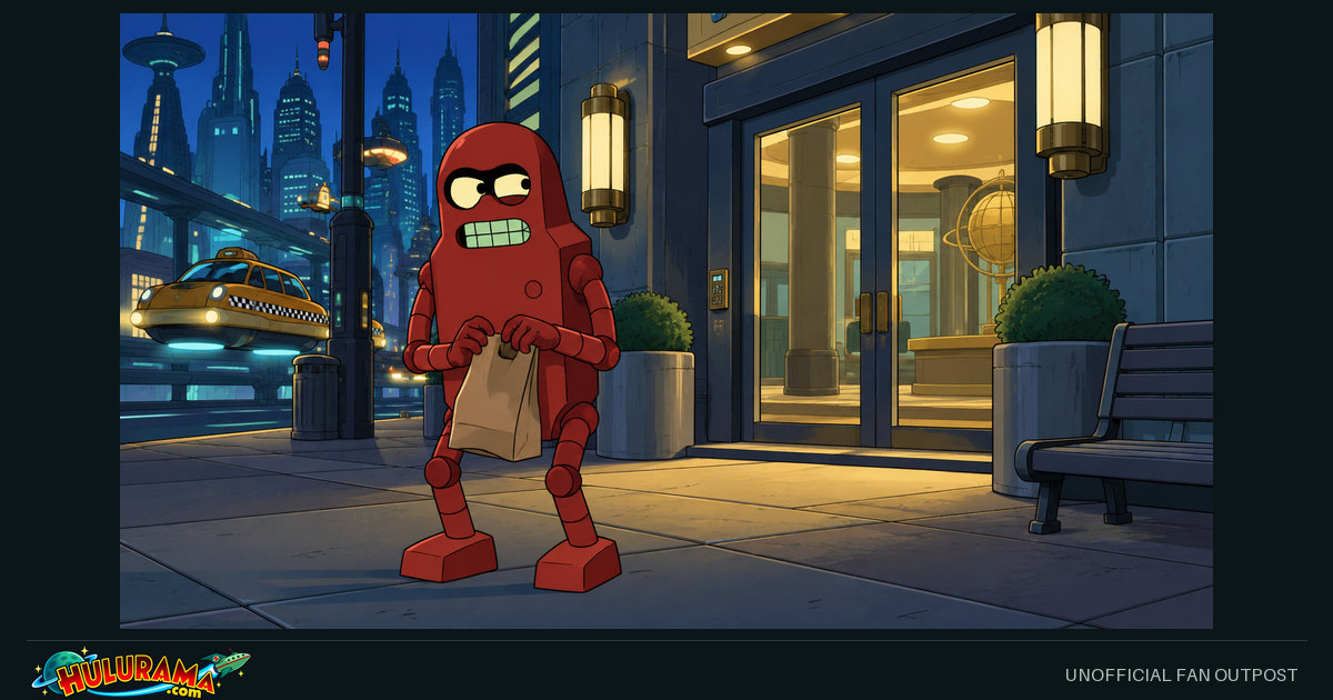 Roberto clutches an empty paper bag outside illuminated bank doors.