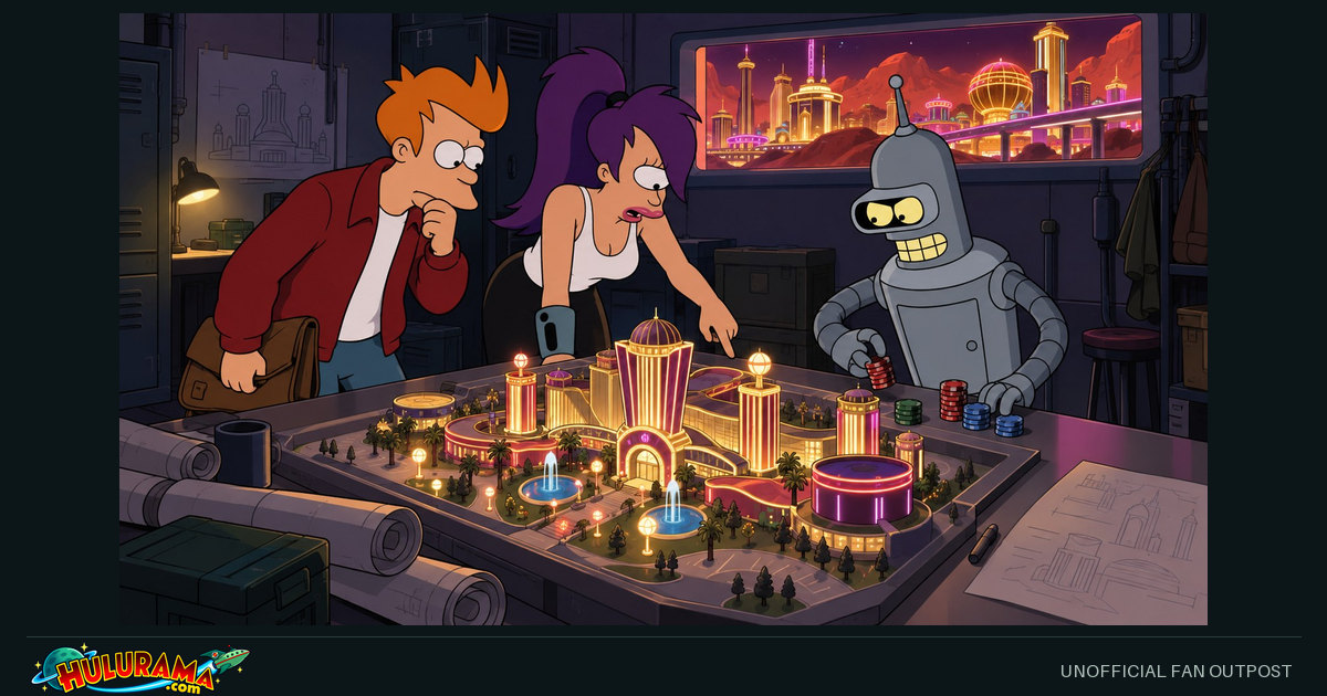 Fry, Leela and Bender examine a casino model under neon light.