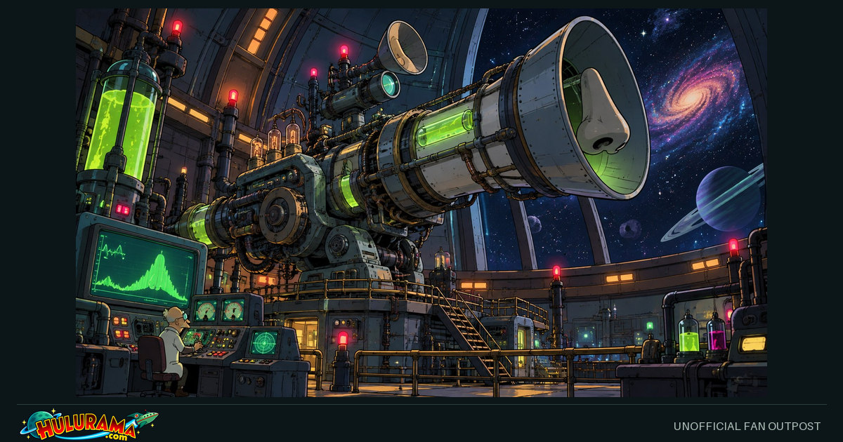 An oversized telescope-like machine with a nose-shaped receiver in a glowing laboratory.