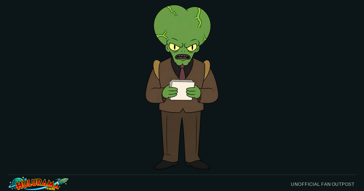 Morbo stands in a brown suit holding blank cue cards.