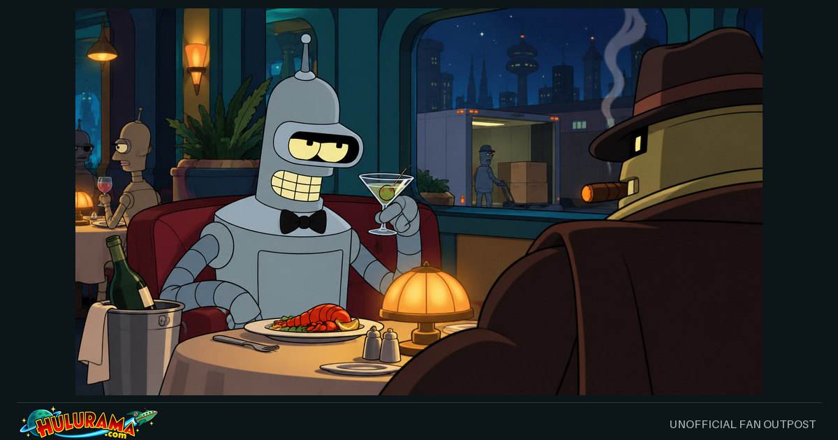 Bender sits at an elegant restaurant table opposite a broad robot in a hat.