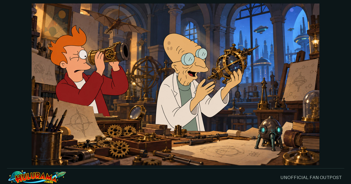 Fry and Farnsworth inspect small mechanical artifacts in a vaulted workshop.