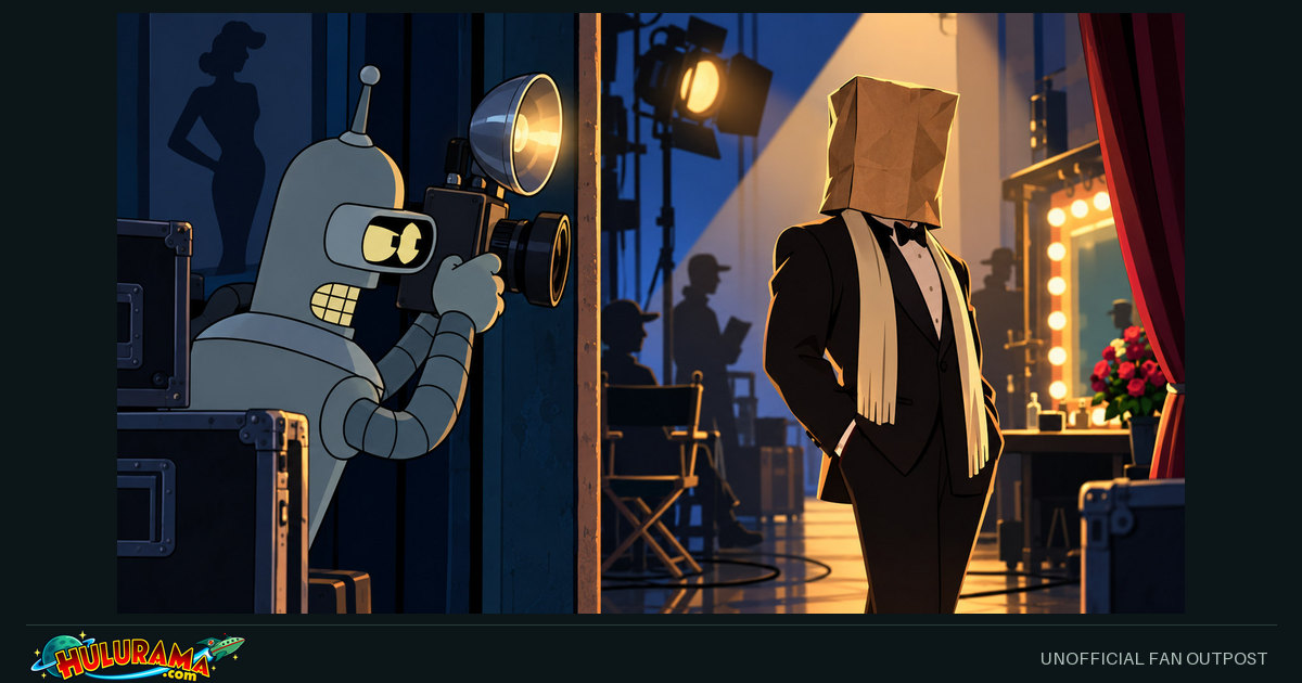 Bender aims a camera at a formally dressed figure whose head is covered by a paper bag.