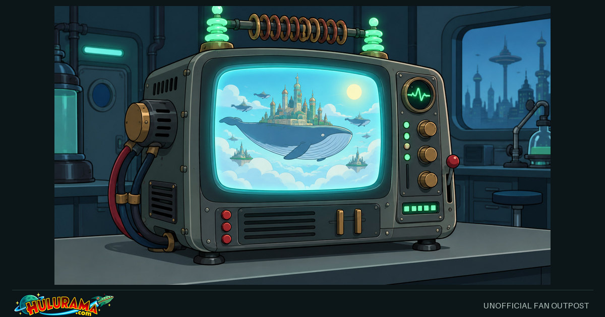 A retro monitor shows an impossible floating landscape on a laboratory bench.