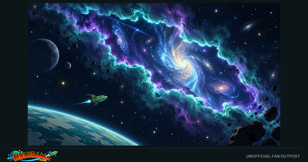 A luminous violet and cyan rift opens across a starfield near a small delivery ship.