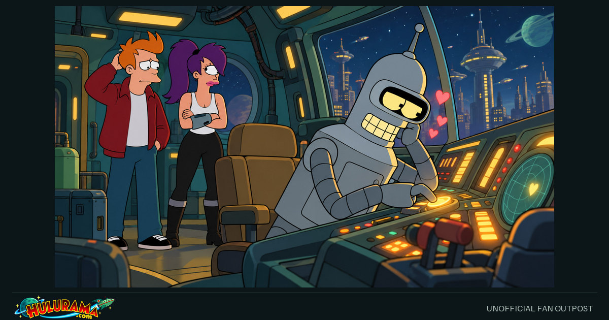 Bender leans affectionately toward the ship’s console while Fry and Leela watch.