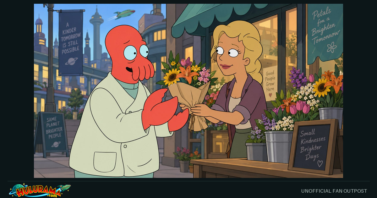 Zoidberg offers flowers to a smiling blonde florist outside a flower stall.